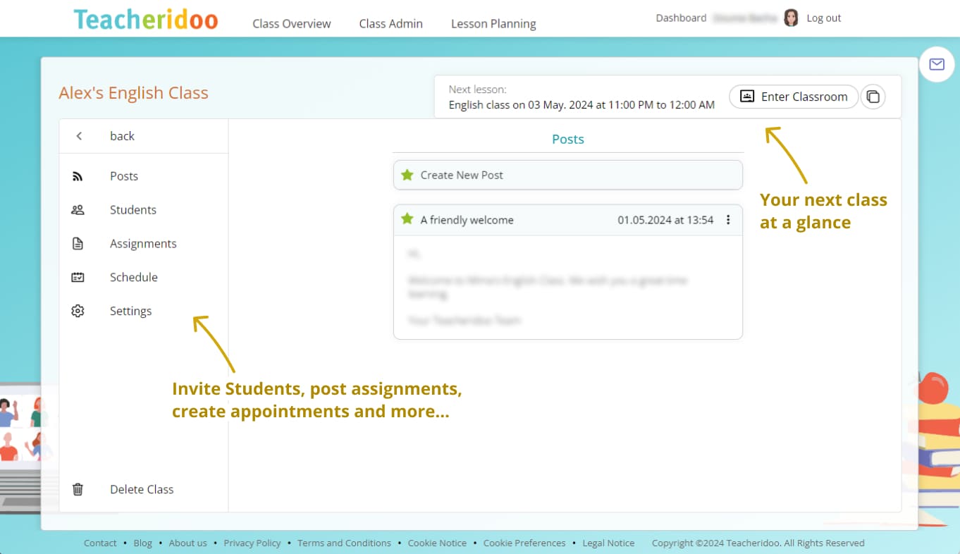 Picture showing the class management page